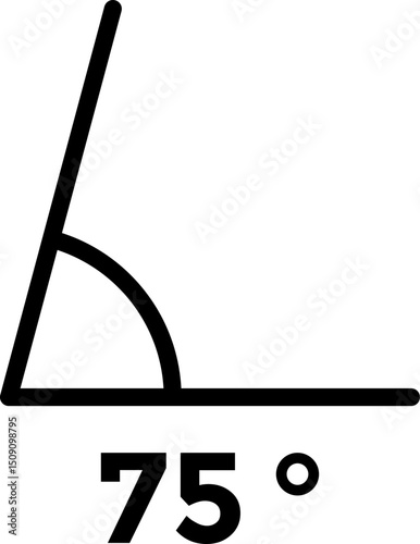 75 degree angle icon. Educational school learning. Geometric symbol. Mathematical elements. Symbol of measure and math. Measuring the degree of inclination with a protractor