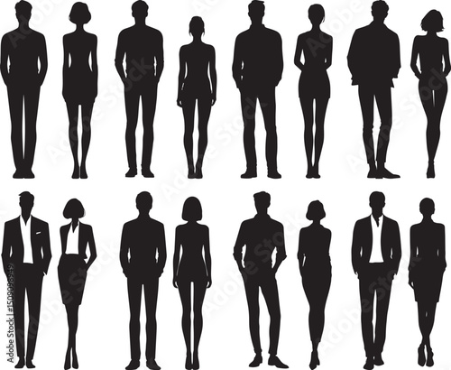 Silhouettes of Business Men and Women Standing Vector Set