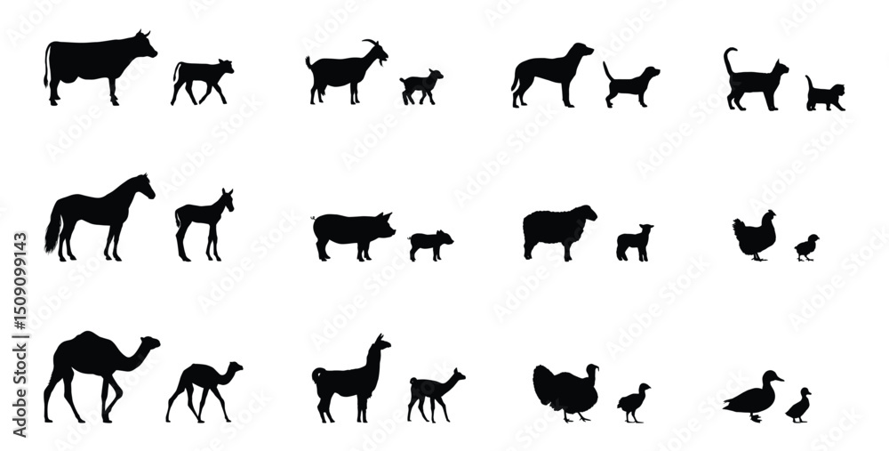 Fototapeta premium farm animal with baby silhouette vector collection