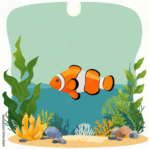 A vibrant tropical fish swims through turquoise ocean waters, surrounded by colorful plants as sunlight beams from above, creating a tranquil, serene underwater paradise.