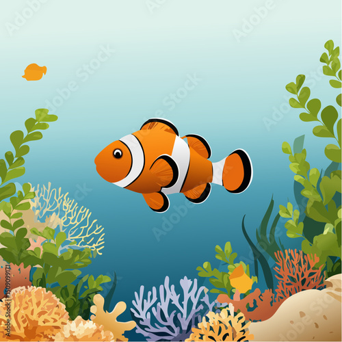 A vibrant tropical fish swims through turquoise ocean waters, surrounded by colorful plants as sunlight beams from above, creating a tranquil, serene underwater paradise.