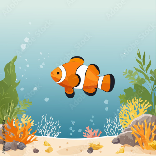 A vibrant tropical fish swims through turquoise ocean waters, surrounded by colorful plants as sunlight beams from above, creating a tranquil, serene underwater paradise.