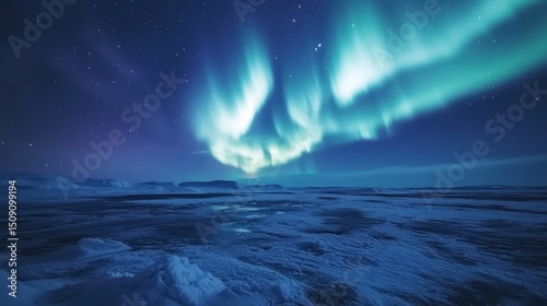 Aurora borealis lights up a vast, snowy landscape.
