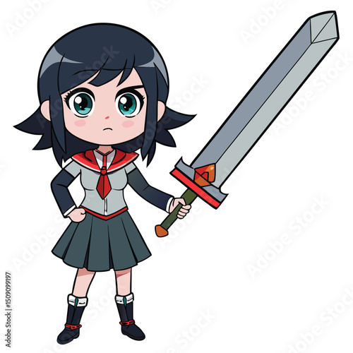 Anime schoolgirl holding oversized sword in uniform
