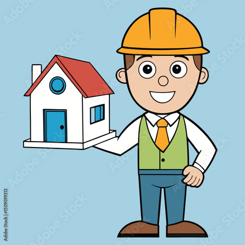 Architect holding detailed model house with blueprints