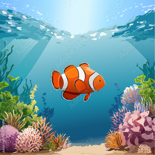 A vibrant tropical fish swims through turquoise ocean waters, surrounded by colorful plants as sunlight beams from above, creating a tranquil, serene underwater paradise.