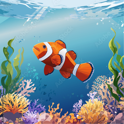 A vibrant tropical fish swims through turquoise ocean waters, surrounded by colorful plants as sunlight beams from above, creating a tranquil, serene underwater paradise.