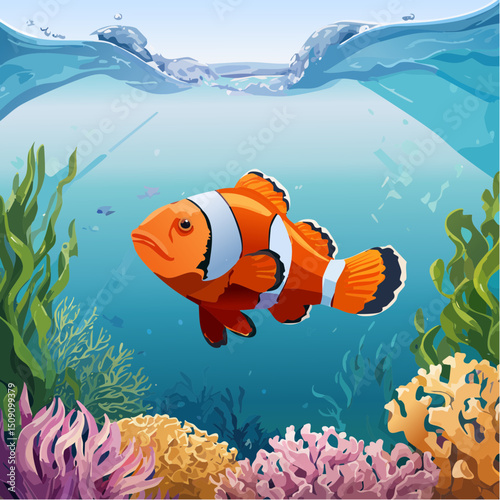 A vibrant tropical fish swims through turquoise ocean waters, surrounded by colorful plants as sunlight beams from above, creating a tranquil, serene underwater paradise.