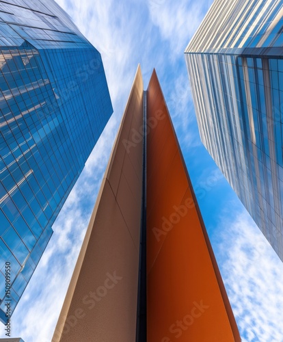 Three modern skyscrapers with glass and reddish-brown facades against a blue sky