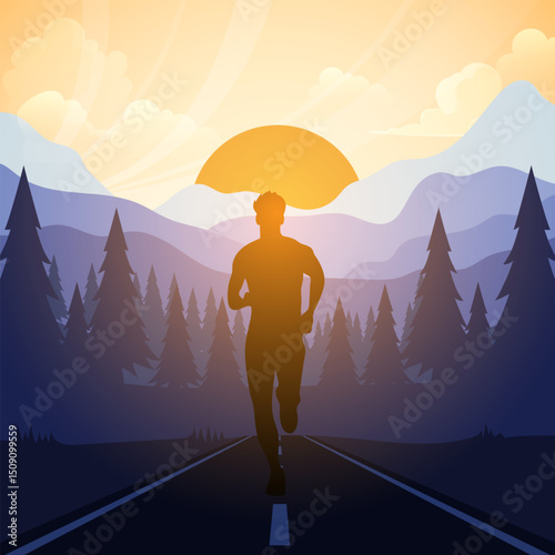 A man running in the morning with sunrise