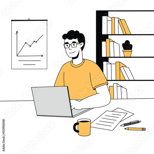 Working man with laptop doodle vector illustration