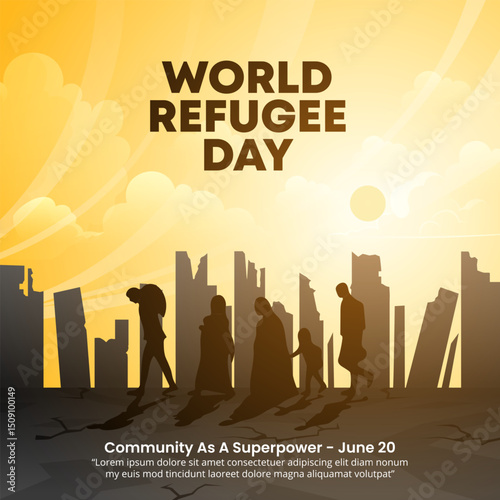 World Refugee Day design with refugees and a broken city