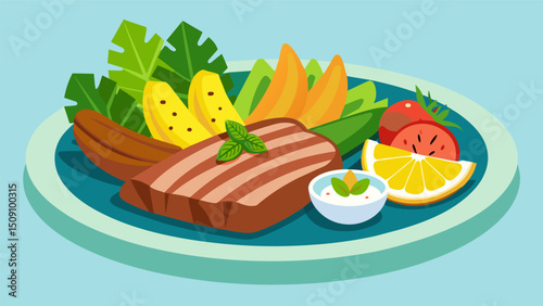 A fragrant casado platter highlighting succulent grilled pork tangy cabbage salad and sweet caramelized sweet plantains.. Vector illustration