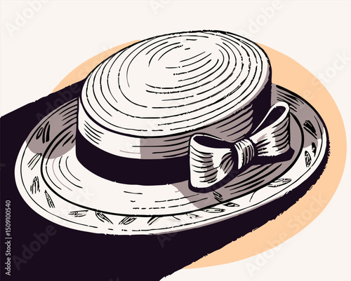 Boater Hat Illustration: Vintage Style Straw Hat with Bow