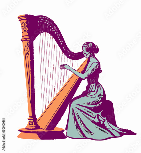 Woman Playing Harp: Vintage Style Illustration