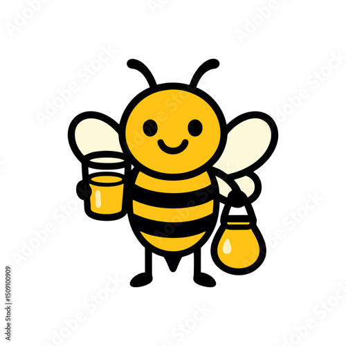 Cartoon Bee Holding Honey Glass and Pouch