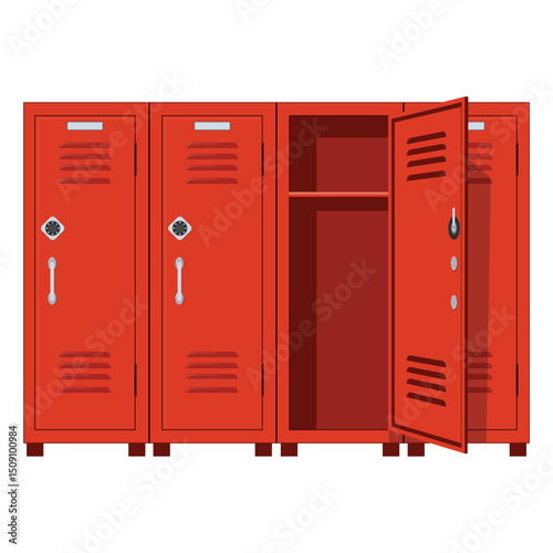 Modern red cabinets with open door. On white background.