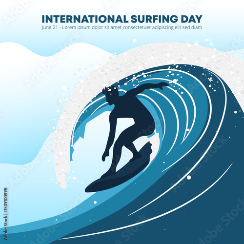 International Surfing Day design with a man surfing in the ocean