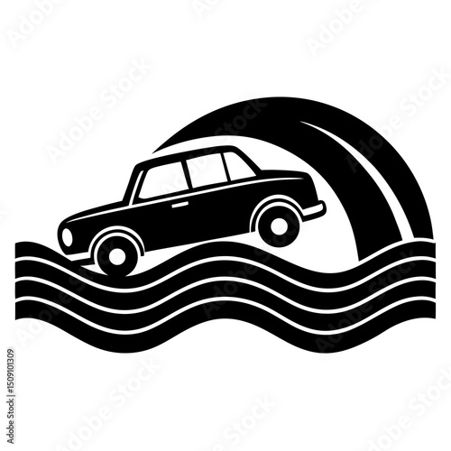 A car driving over a wave