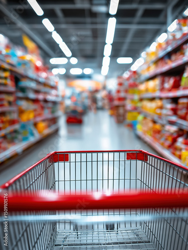 Close-up of Red Shopping Cart Handle in Supermarket Aisle with Blurred Shelves and Colorful Product Background – Retail and Grocery Store Concept