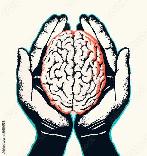 Hands Holding Human Brain Illustration