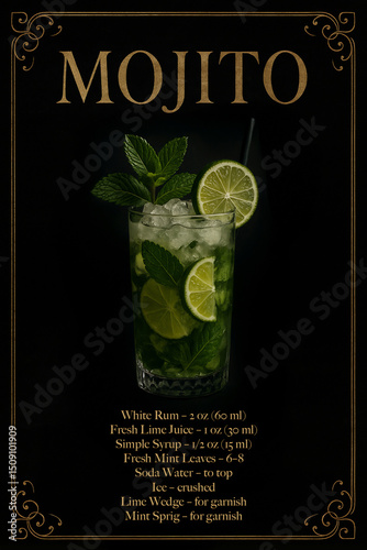 Mojito cocktail with crushed ice, lime slices, mint sprig and straw in tall glass. Classic rum drink with lime juice. Moody dark chic luxury style