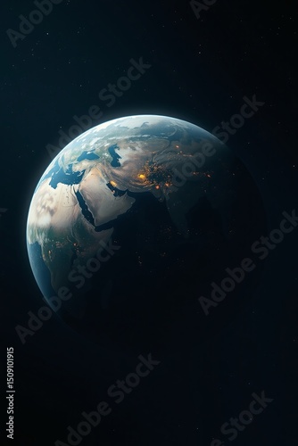 Planet Earth from space at night with glowing city lights and clear atmosphere