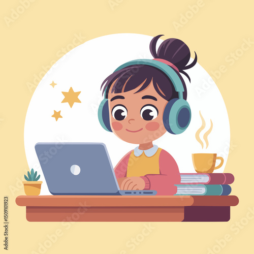 Online Learning Illustration – Young Woman Studying with Laptop at Home, Flat Vector in Cozy Workspace for E-Learning and Education Concepts