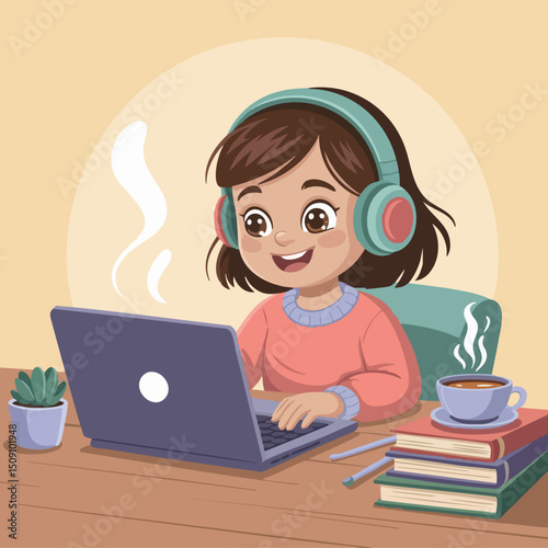 Online Learning Illustration – Young Woman Studying with Laptop at Home, Flat Vector in Cozy Workspace for E-Learning and Education Concepts