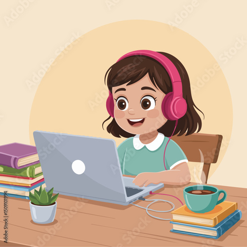 Online Learning Illustration – Young Woman Studying with Laptop at Home, Flat Vector in Cozy Workspace for E-Learning and Education Concepts