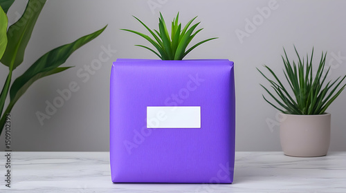 Purple Wrapped Gift with Blank Label and Potted Plants