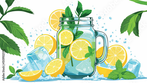Fresh lemonade with ice and mint in jar summer vector style