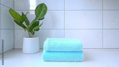 Light Blue Fluffy Towels on White Bathroom Counter