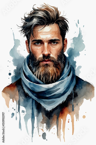 Moody watercolor portrait vector of bearded man in scarf
