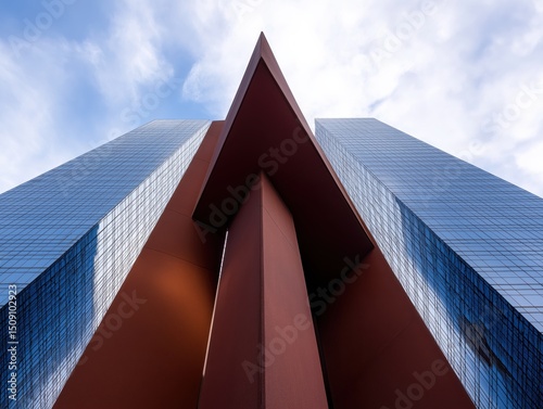 Two modern skyscrapers with triangular rooftop structures and reflective glass facades
