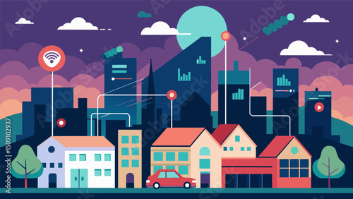 A dense urban neighborhood utilizes datadriven air quality monitoring to inform city officials on potential pollution hotspots.. Vector illustration