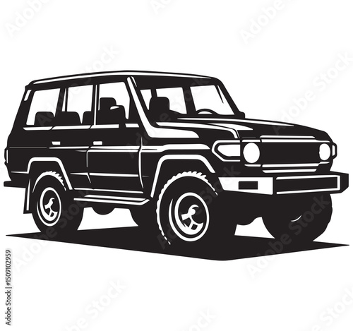 Vintage Style Black and White Vector Illustration of a Rugged Off Road 4x4 SUV Vehicle for Adventure and Travel