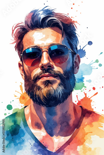 Stylish bearded man in watercolor vector vacation style