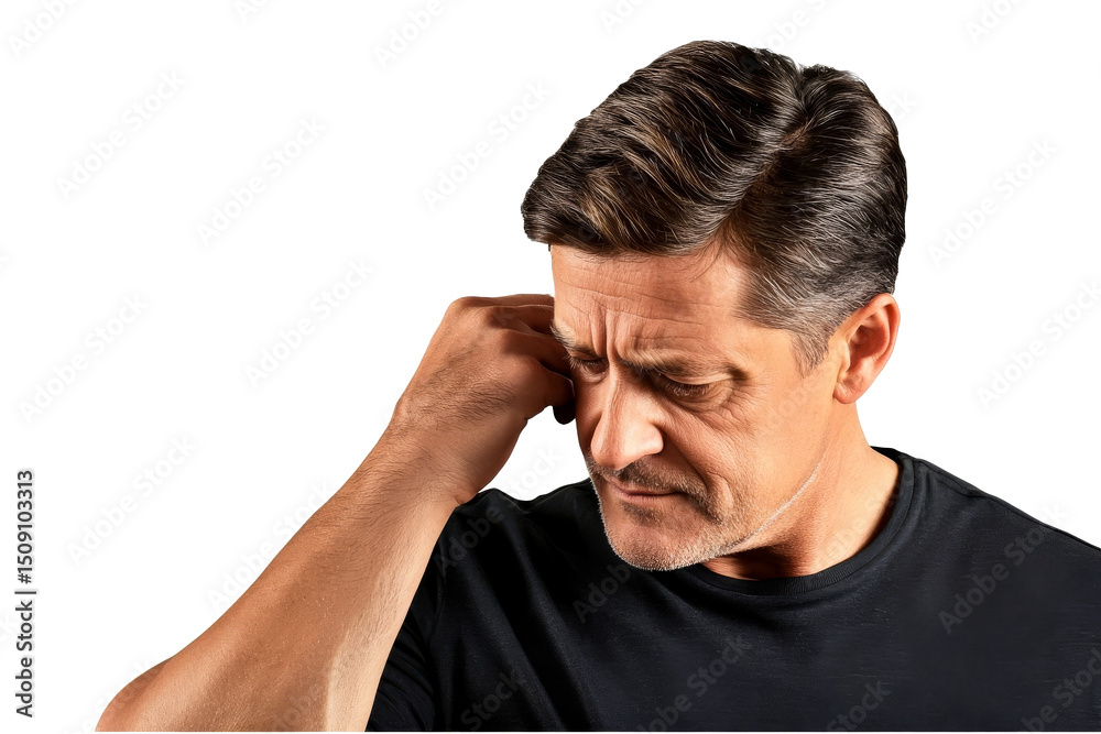 Mature man thinking, holding head, looking down, portrait, cut out transparent Mature man thinking, holding head, looking down, portrait, cut out transparent