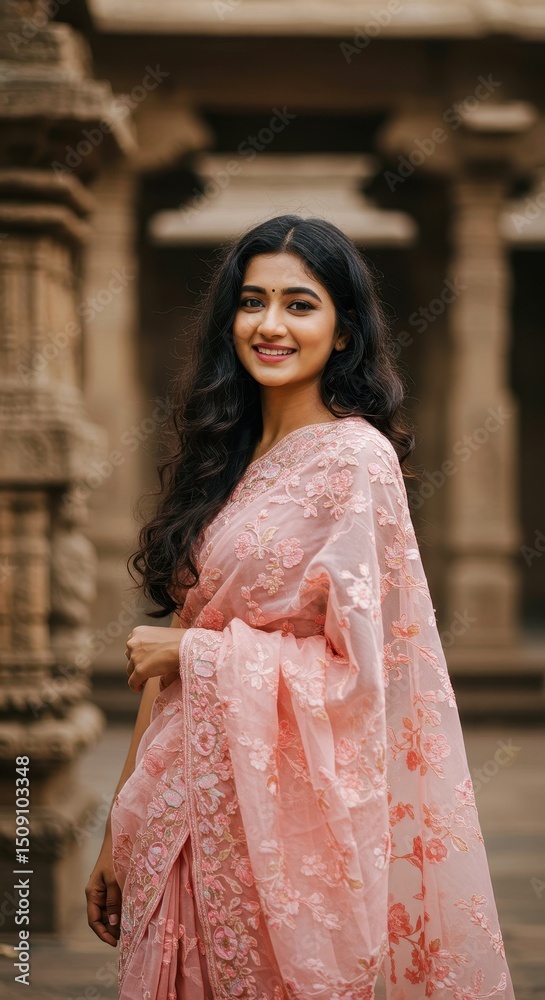 Naklejka premium A woman in a pink traditional outfit smiles charmingly in front of an ornate temple backdrop
