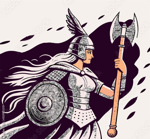 Valkyrie Warrior Woman Illustration: Viking Shield, Axe