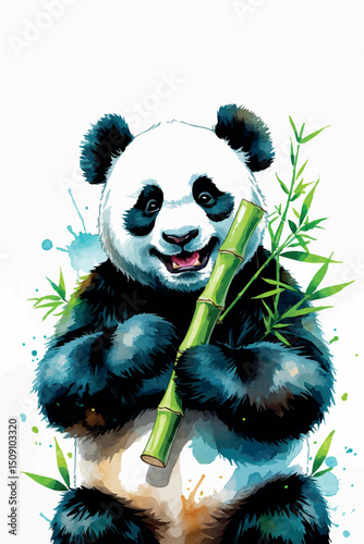 Watercolor vector panda eating bamboo black and white style