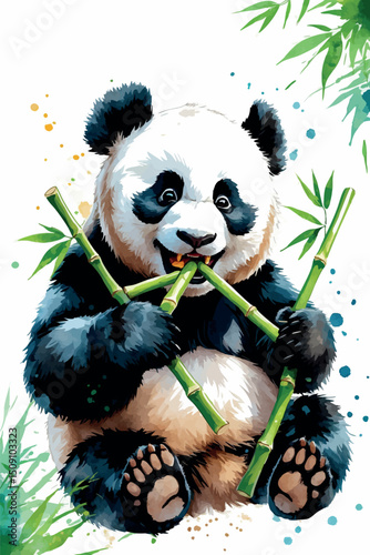 Watercolor vector panda eating bamboo black and white style