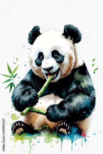 Watercolor vector panda eating bamboo black and white style