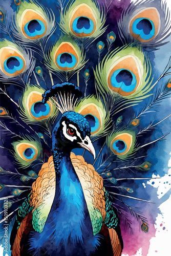 Watercolor peacock vector with vivid colorful feathers