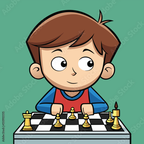 Boy playing chess with intense focus and concentration