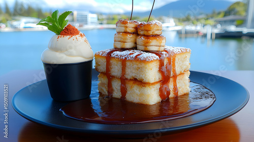 Stacked Pancakes with Caramel Sauce and Banana Topping