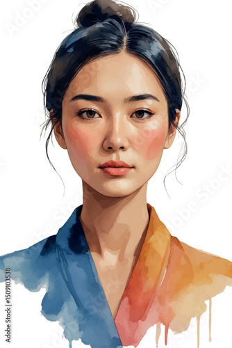 Asian woman watercolor portrait vector isolated on white