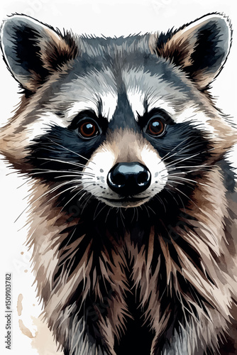 Curious raccoon watercolor vector illustration in grey tones