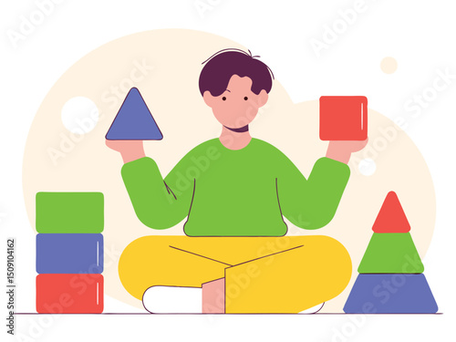 Child Playing with Colorful Shape Blocks Vector Illustration